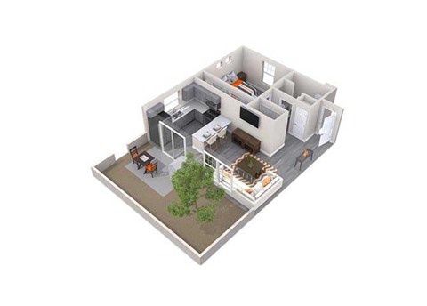 Floor plan for 1 bed, 1 bath, 635 sqft